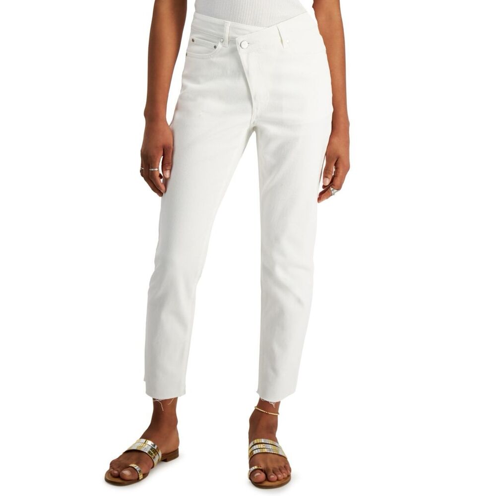 Tinseltown Juniors' Asymmetrical-Waist Raw-EdgeHem Ankle Jeans Bright White 5/27